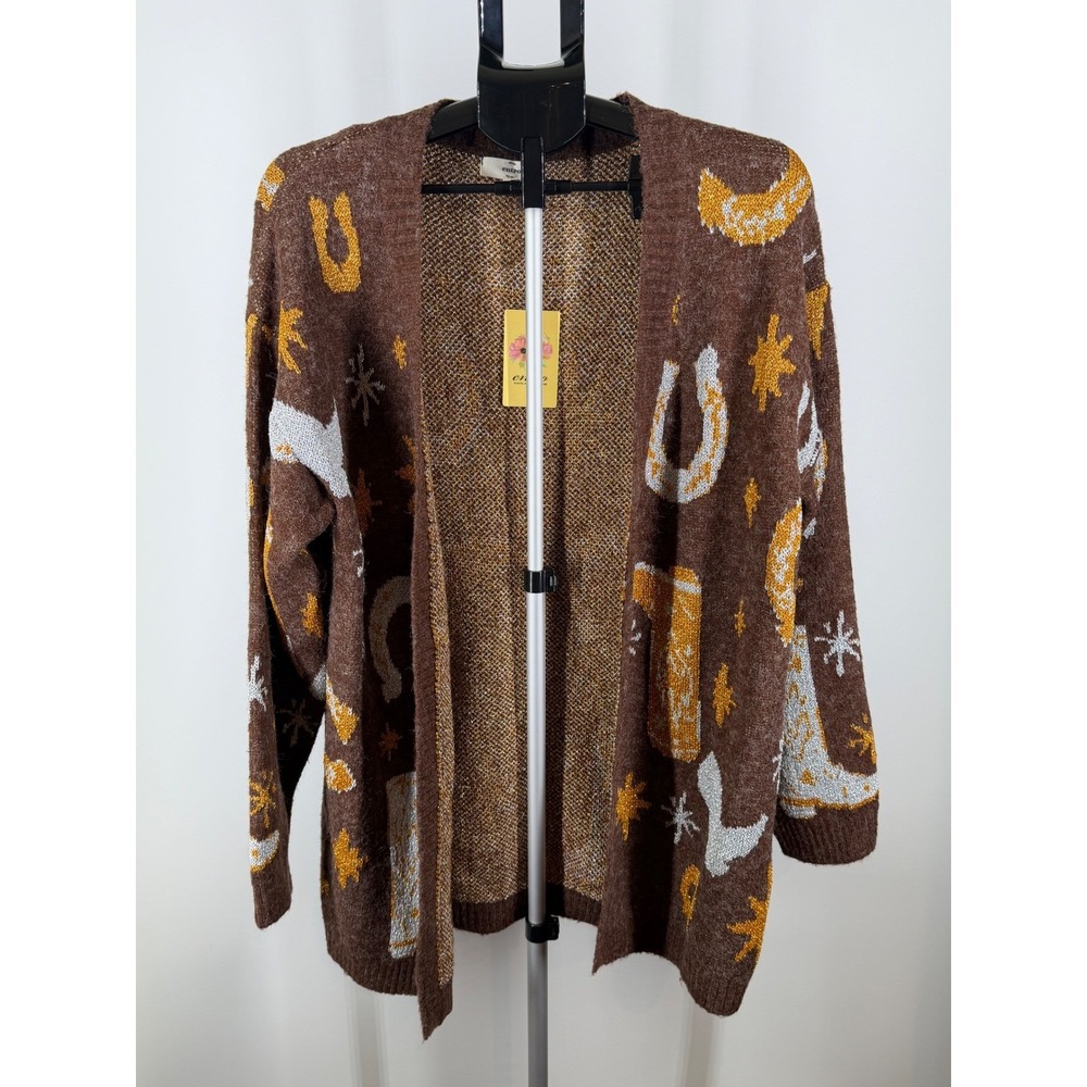Entro Womens Western Cowboy Boot Horseshoe Star Knit Cardigan Brown L New